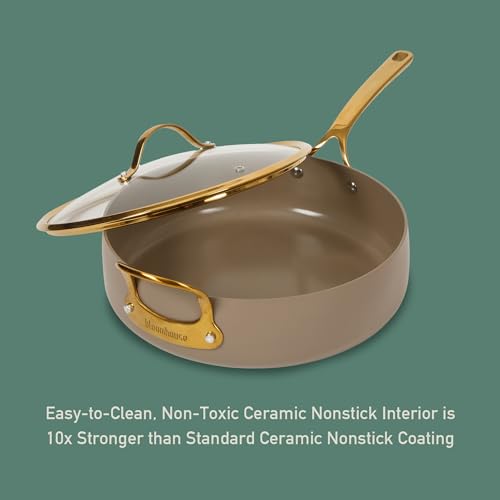 Non Stick Frying Pan (Cappuccino Cream w/ Gold Handle / Saute Pan w/ Lid (6-Quart))