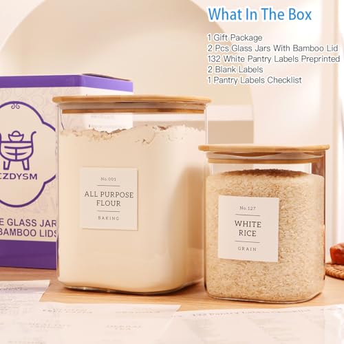 2 Pack large Square Glass Flour and Sugar Containers with 132 Kitchen Pantry Labels