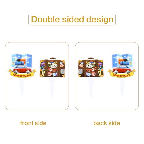 36PCS Double sided Adventure Travel Cupcake Toppers Airplane Globe Map Suitcase Bon Voyage Cupcake Picks for Adventure Travel Baby Shower Boys Girls Birthday Wedding Party Decoration (Travel)