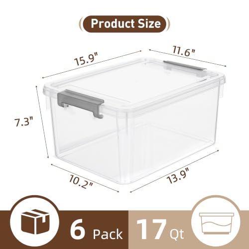 6 Packs 17 QT Plastic Storage Bins with Lids Large Stackable Storage Containers for Organizing Clear Storage Box for Garage (17 Qt. - 6 Packs / Clear White)
