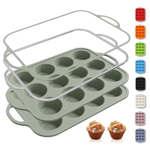 2 Packs 12 Cups Silicone Muffin Pan with Metal Reinforced Frame Regular Size Cupcake Pan Tray Egg Bites Silicone Circle Cookie Molds Muffin Tin Tart Pans Baking Sheet Set for Breakfast Sandwiches (Regular / Morandi Green)