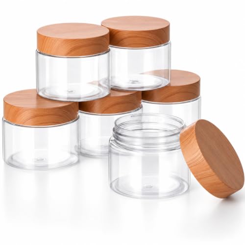 6 Pack 2 oz Plastic Jars Containers with Lids Wide (Faux Wood / 2 oz)