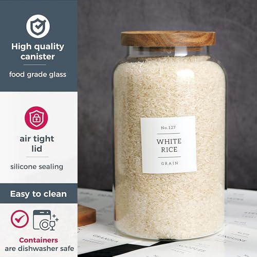Set of 2 Large Glass Jar with Airtight Acacia Lid and 132 Kitchen Pantry Labels (2800ml)
