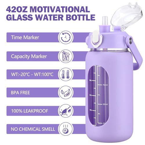 42oz Glass Water Bottles with Straw (Purple / 42 Ounces)
