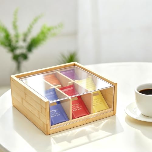 Bamboo Tea Bag Organizer Storage Box with 6 Compartments (Compact-Bamboo)
