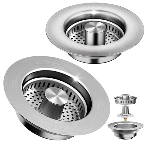 3-in-1 Kitchen Sink Drain Strainer & Sink Stopper 2 Pack - 304 Stainless Steel Sink Drain Strainer, Pop-Up Anti-Clog Design, Fits Standard 3-1/2'' Sink Drains (Sus304 Brushed 2pack)
