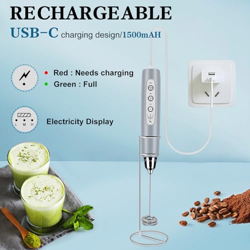 Milk Frother Wand Rechargeable Handheld Whisk Coffee 3 Speed Adjustable (Frother with stand / Cement Gray)