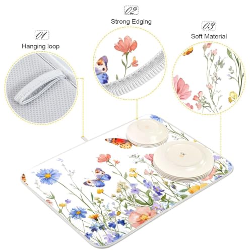 Wildflowers Butterfly Dish Drying Mat for Kitchen Counter Absorbent Microfiber Drying Pad (16" x 18")