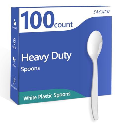 100 Count White Plastic Spoons Heavy Duty (White)