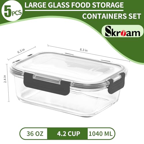 Large Glass Food Storage Containers with Lids Airtight (5PACK 36OZ)