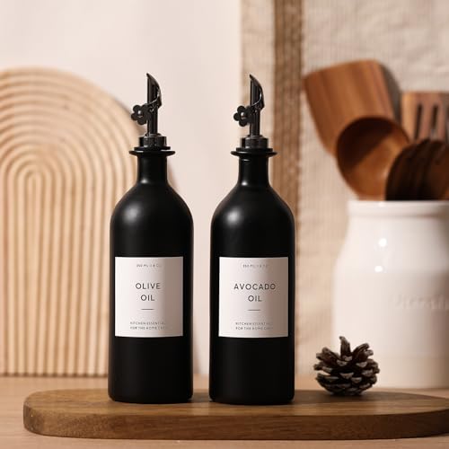 Olive Oil Dispenser for Kitchen (16oz-Black&Black Spout+Tray / 16 fl oz)