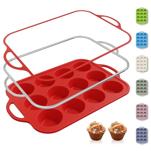 12 Cups Silicone Muffin Pan with Metal Reinforced Frame Regular Size Cupcake Pan Tray Egg Bites Silicone Circle Cookie Molds Muffin Tin Tart Pans Baking Sheet Set for Breakfast Sandwiches (1pc: 12-Cup Regular / Red)