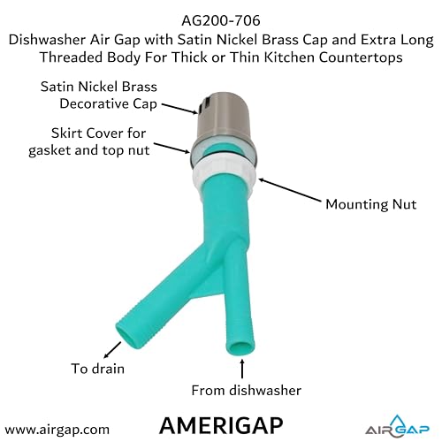 Dishwasher Air Gap with Skirted Satin Nickel Brass Cap and Extra Long Threaded Body for Thick or Thin Kitchen Countertops (AG200-706)