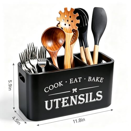 Wooden Kitchen Utensil Holder Organizer for Counter or Countertop (black / 3 Compartment)