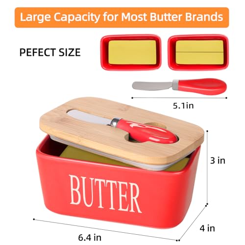 Ceramic Butter Dish with Bamboo Lid and Stainless Steel Knife Spreader (Red)