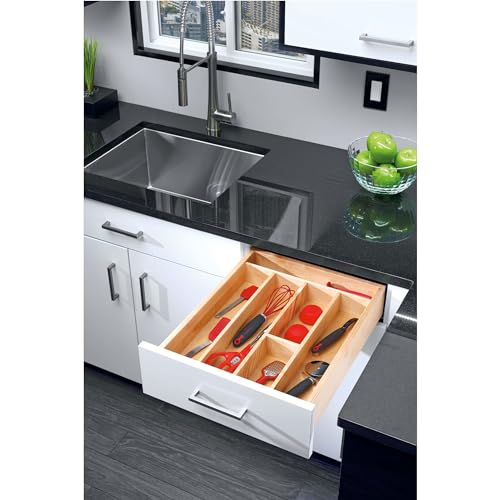 Trim-to-Custom-Fit Silverware Drawer Organizer For Kitchen Utensils, Cutlery Cabinet Storage Divider Insert, 23.98 x 21.97 In, Maple Wood, 4WUT-3 (24" W / Standard)