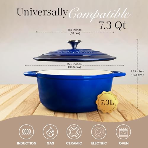 Cast Iron Dutch Oven with Lid (Dark Blue / 7.3-Quart - Deep)