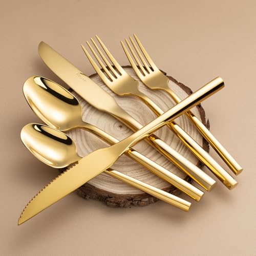 Gold Silverware Set with Steak Knives (Polished Gold with Steak Knives)