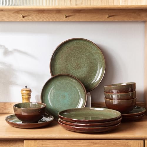Stoneware Dinnerware Sets for 4 (Brown Green / Set (12pcs))