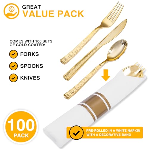 400PCS Gold Wrapped Silverware Set Disposable Hammered for Weddings (Gold - Hammered)