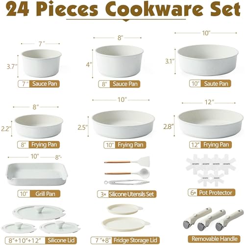 24 Piece Nonstick Detachable Handle Pots and Pans Set White (White / 24 Piece)