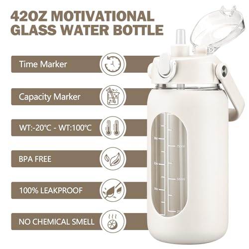 42oz Glass Water Bottles with Straw (White / 42 Ounces)