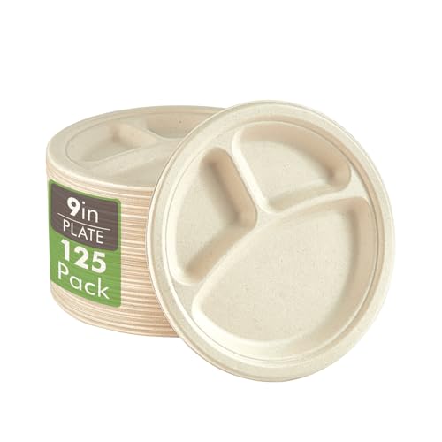 Compostable Paper Plates (3 Compartment 9 inch Nature)