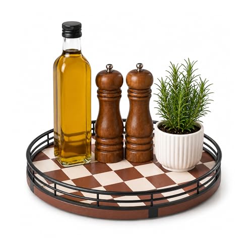 9 Inch Brown Checkerboard Lazy Susan Organizer with Black Metal Rail (Brown & White / 9 inches)
