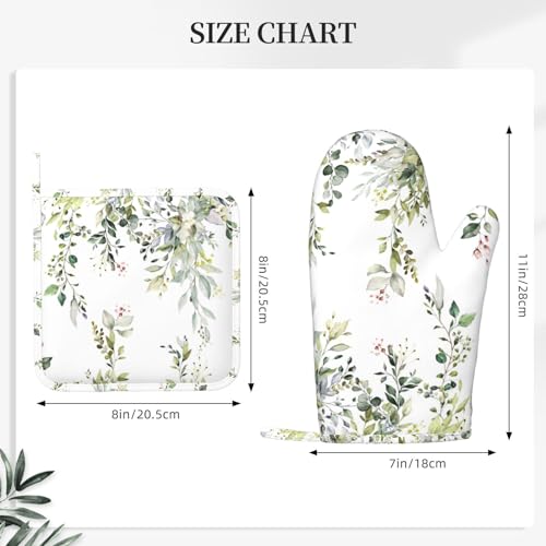 Sage Green Eucalyptus Oven Mitts and Pot Holders Sets Silicone Watercolor Butterfly Leaves Kitchen Mitts Potholders Heat Resistant 4Pcs Oven Gloves Hot Pads for Kitchen Baking Cooking (Green Eucalyptus)