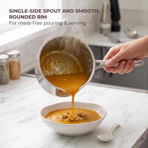 3QT Stainless Steel Saucepan with Pour Spout & Strainer Glass Lid