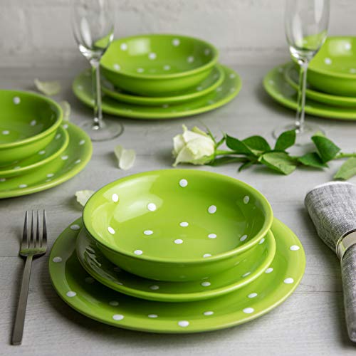 Handmade Lime Green and White Polka Dot Ceramic 12 piece Dinnerware Set