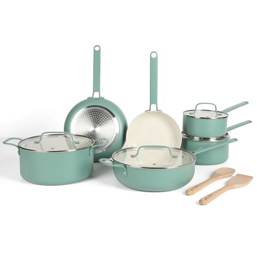 Emmeline Premium Nonstick PFA Free Ceramic Interior 12 Piece Heavy Gauge Enamel Aluminum Pots and Pans Cookware Set (12-Piece Cookware Set / Teal)