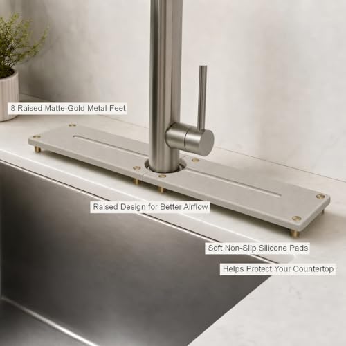 2PCS Stone Faucet Mat for Kitchen Sink (24"x 4" - Beige - Gold)