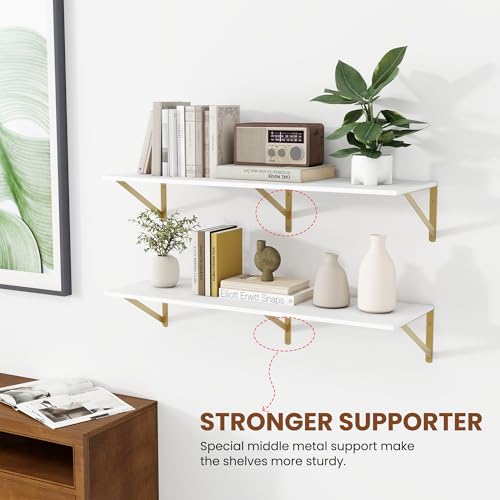 36W x 12D Deep Floating Shelves Set of 2 White & Gold (White With Golden Bracket / 36Wx12Dx5.8H)