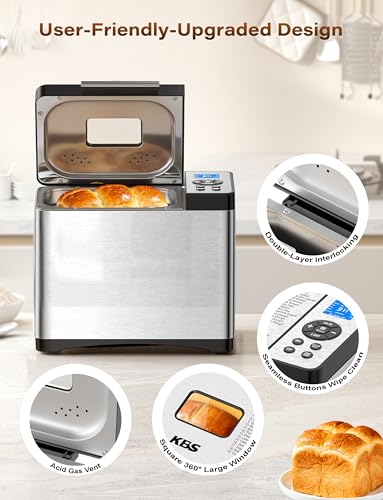19-in-1 Programmable Bread Maker, 2.2LB Bread Machine with Healthy Ceramic Pan, Stainless Steel Bread Maker Machine with 15H Timer& 1H Keep Warm, Sourdough, Gluten Free, 3 Crust Colors, 53 Recipes (Solid Silver Stainless Steel)