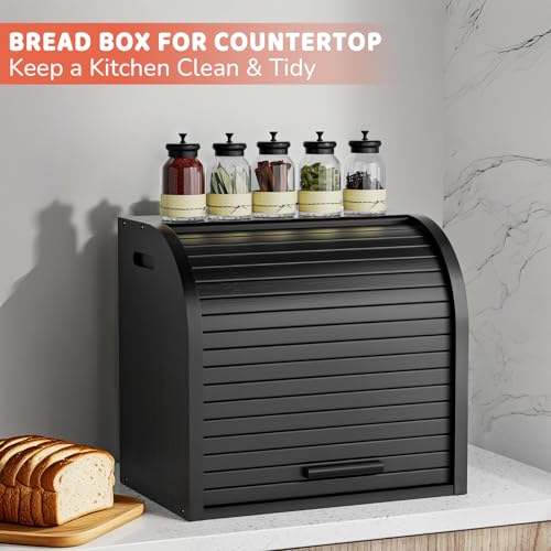 2 Tier Bamboo Bread Box for Kitchen Counter (Black / Large)