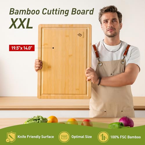 Extra Large Charcuterie Bamboo Board Non Slip Feet Over Sink Wooden Cutting Chopping Board Butcher Block Nice Solid Thick Juice Groove Big Xl XXl xlarge Hardwood Kitchen Counter Organic Meat BBQ Kit (19.5"L x 14"W / Natural)