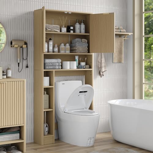 31''W Over Toilet Storage Cabinet Modern Above Toilet Shelf Cabinet with Fluted Doors & Toilet Paper Storage Holder for Bathroom (Natural Oak / Fluted Doors Over Toilet Cabinet)
