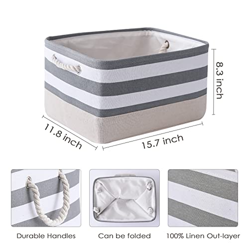Storage Basket Fabric Basket with Handles Dog Toy Basket Cloth Storage Bin Shelf Basket Decorative Storage Basket Shoe Basket Gift Basket (Grey&White Stripes / Large - 15.7Lx11.8Wx8.3H)