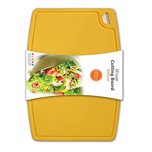 Thick Silicone Cutting Board 12.6'' x 9.1'' Juice Grooves Easy Grip Handle Dishwasher Safe (12.6"L x 9.1"W / Yellow)