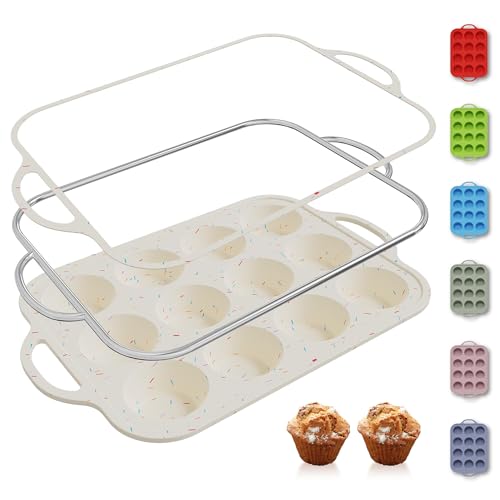 12 Cups Silicone Muffin Pan with Metal Reinforced Frame Regular Size Cupcake Pan Tray Egg Bites Silicone Circle Cookie Molds Muffin Tin Tart Pans Home Baking Supplies Stuff Necessities Cookware (1pc: 12-Cup Regular / Cream)