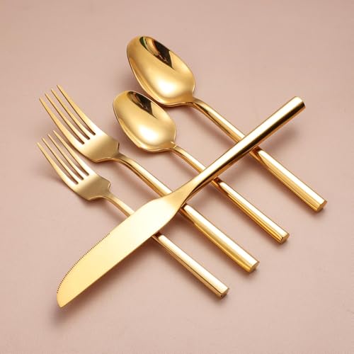 Mirror Silverware Set Gold Flatware Set with Hexagon Handle 20 Pieces 18 (Gold Mirror)
