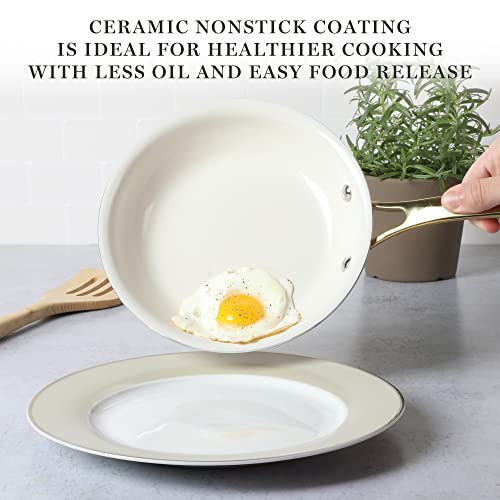 Lockton Premium Non stick Non Toxic PFA Free Ceramic Interior 10 Piece Heavy Gauge Enamel Aluminum Pots and Pans Cookware Set (10-Piece Cookware Set / Linen w/ Gold Handle)