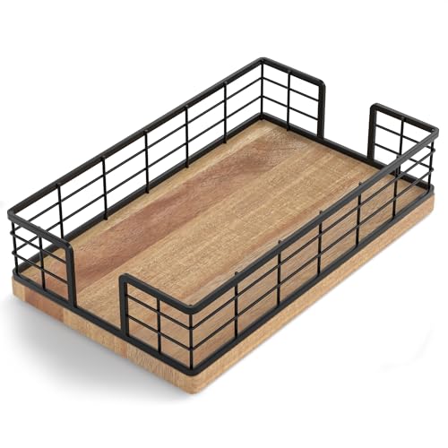 Guest Towel Holder Tray for Bathroom (Black/Acacia / 9.06 x 5.51 x 2.56 inches)
