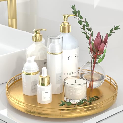 13 Inch Oak Lazy Susan Decorative Tray with Gold Metal Rail (Golden / 13)