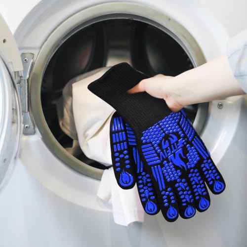 BBQ Gloves 1472°F Heat Resistant with Silicone Grip Oven Mitts (Blue / Long (Glove L 13.78" × Palm W 6.33"))