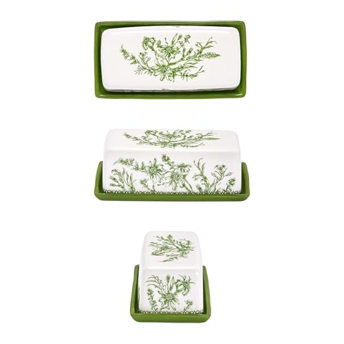 Green Garden Toile De Jouy Ceramic Butter Dish with Lid (Green Garden Toile De Jouy / Large)