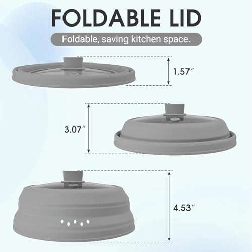Microwave Splatter Cover Glass Microwave Cover for Food Collapsible Splatter Guard Lid with Silicone Handle for Pot Plate Bowl 9.8 Inch Gray (Grey / 9.8Inch)