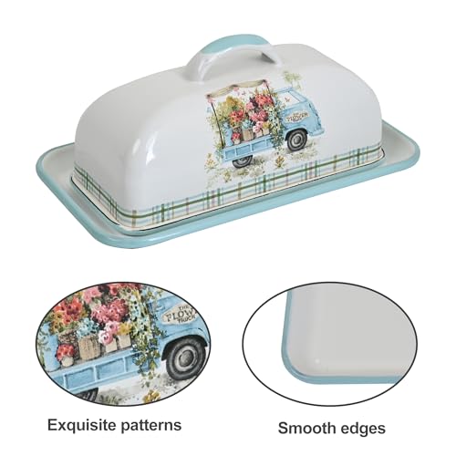 Enamel Butter Dish with Lid Vintage Enamelware Butter Keeper with Flower and Bird Patterns Farmhouse Butter Container Butter holder for Countertop Kitchen Decor (Lightblue)