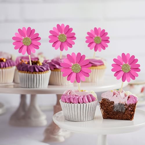 24Pcs Daisy Cupcake Toppers Flower Cake Topper Decorations Daisy Cake Decorations Chrysanthemum Cupcake Toppers Spring Daisy Flower Cake Picks for Birthday Wedding Supplies Rose Red (24 Count)